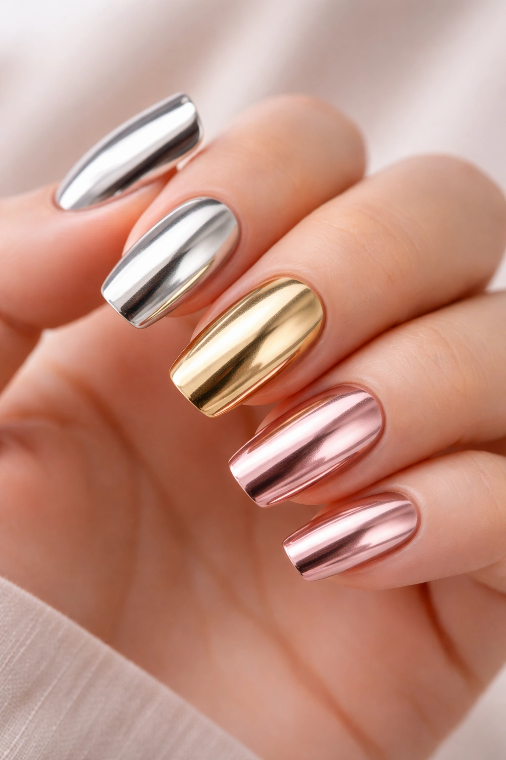 Close-up of medium-length acrylic nails with chrome mirror finish