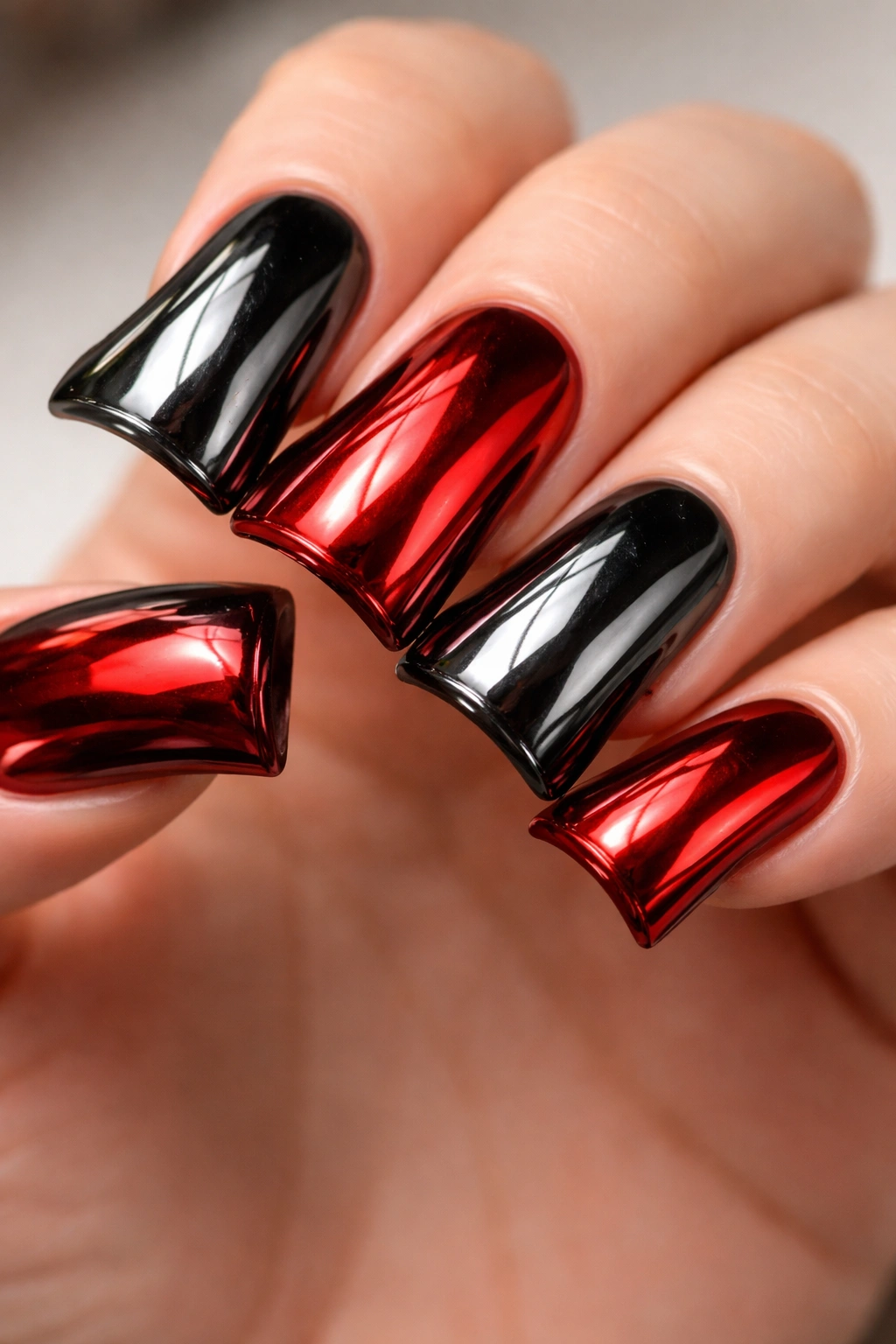 Close-up of black and red duck nails with chrome/mirror finish reflecting light
