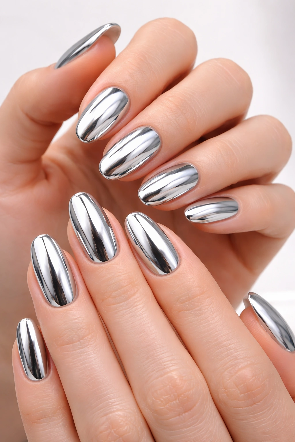 Close-up of chrome finish nails with mirror-like reflections
