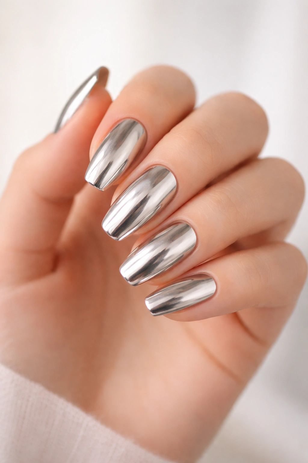 Close-up of chrome nails with mirror-like finish on a hand against a neutral backdrop