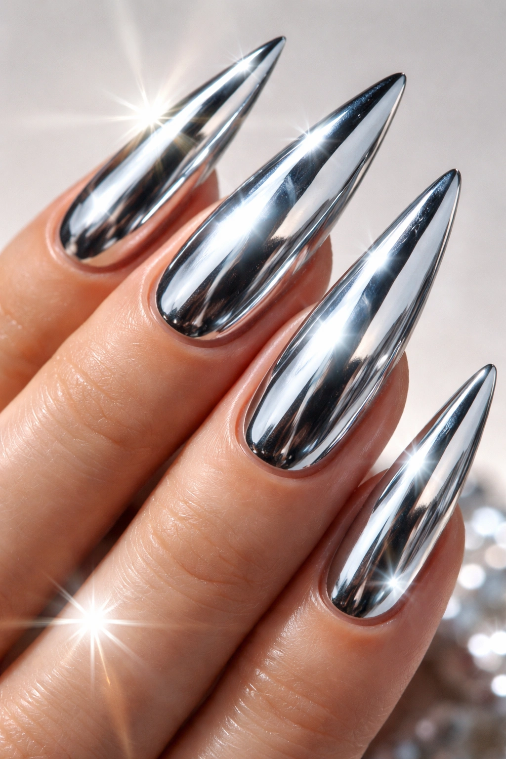 Chrome nails with a reflective mirror finish