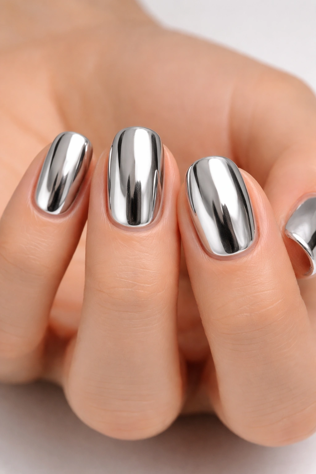 Close-up of short squoval nails with chrome mirror finish.