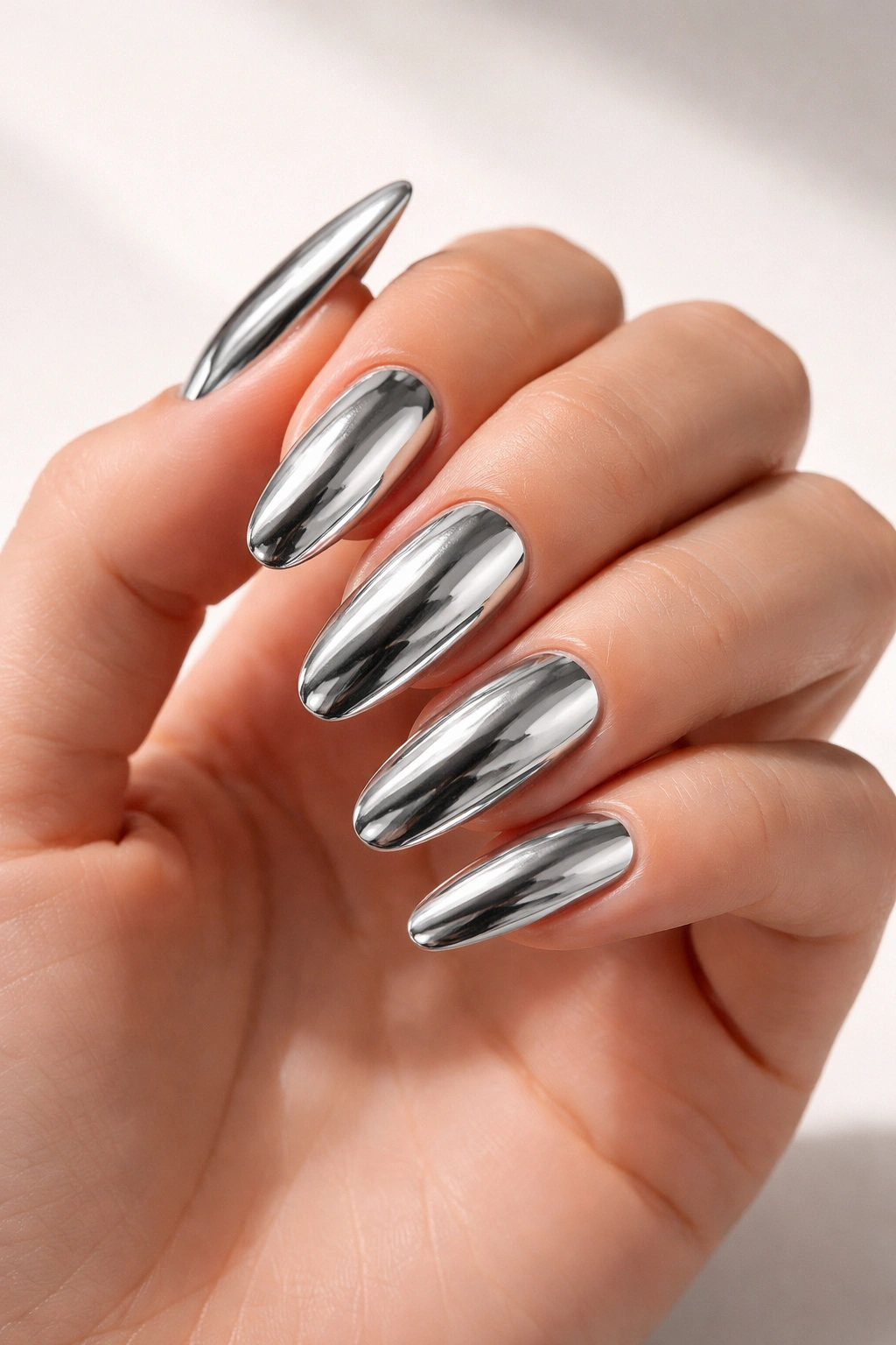 Close-up of chrome mirror nails reflecting light