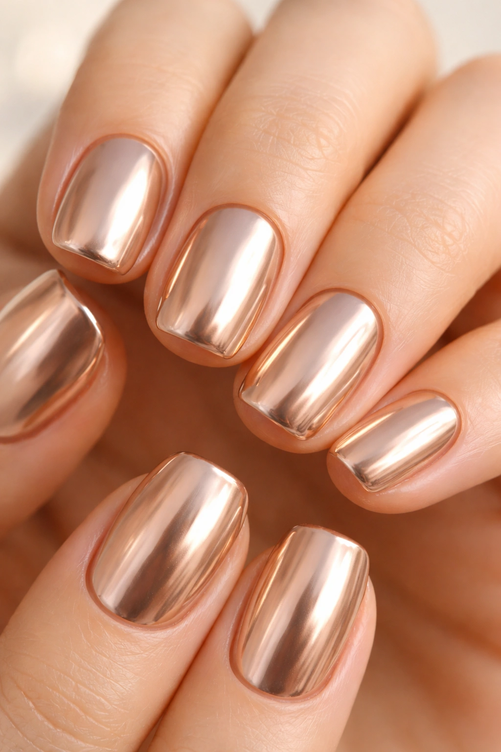 Close-up of short squoval nails with warm chrome nude finish