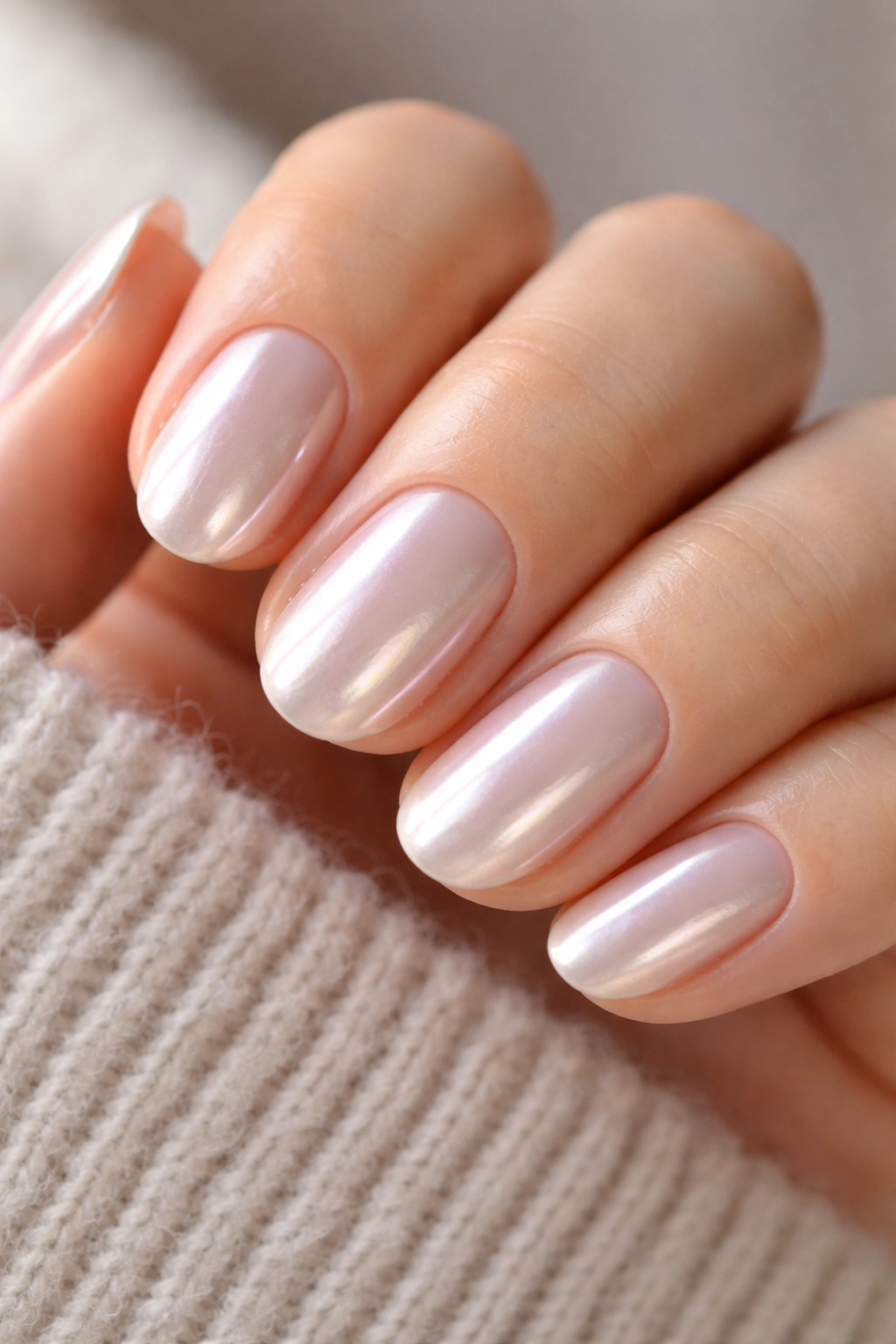Close-up of chrome-on-nude short oval nails with a pearlescent finish