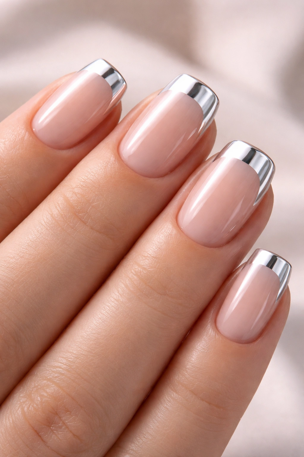 Nails with nude base and chrome white tips