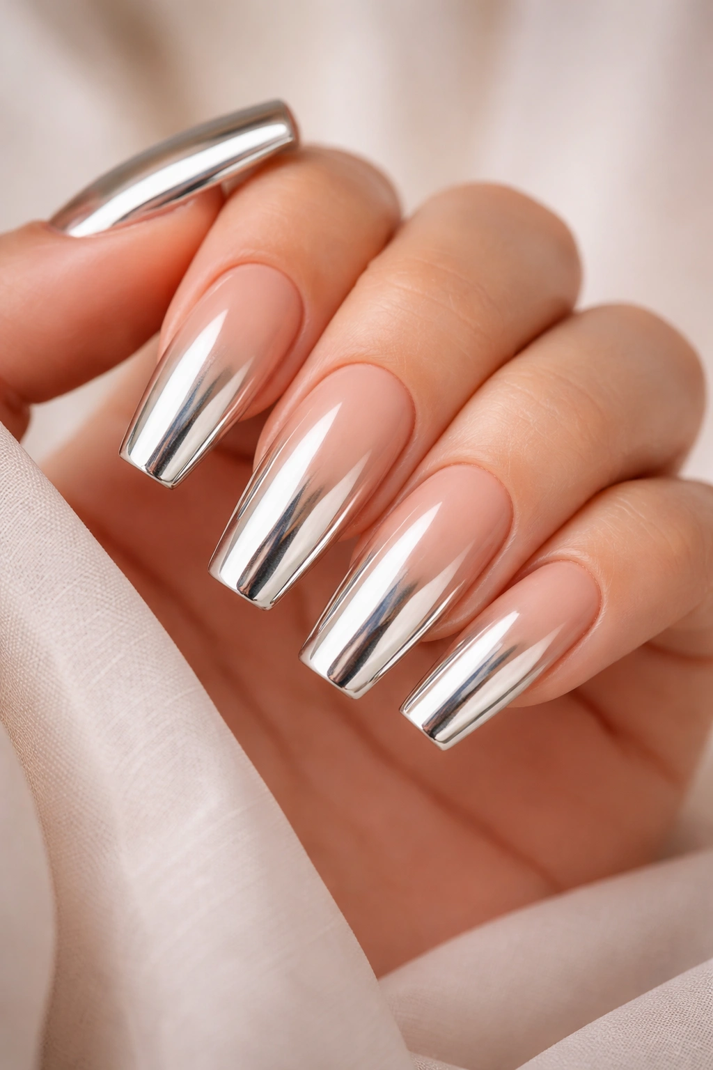 Close-up of nude-based coffin nails with full chrome mirror finish