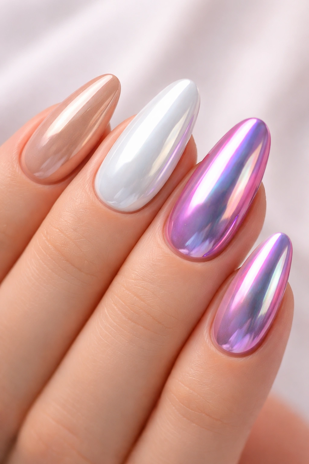 Hand with three different chrome finishes on nails
