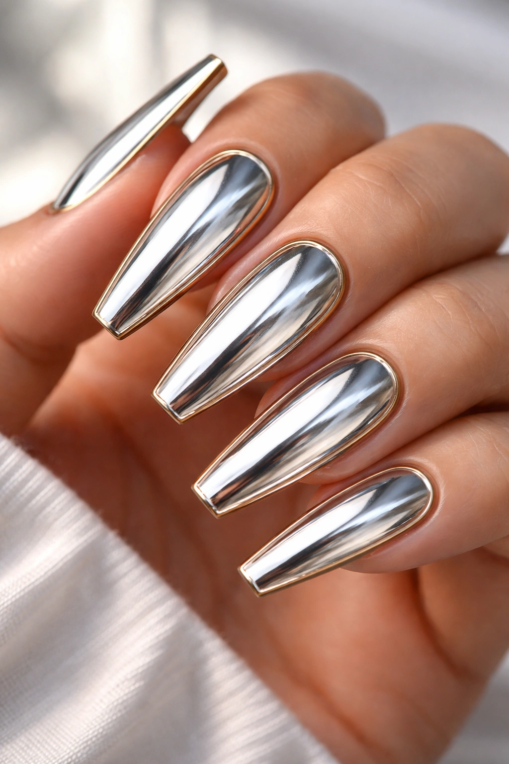 Close-up of coffin nails with chrome center and thin metallic outline