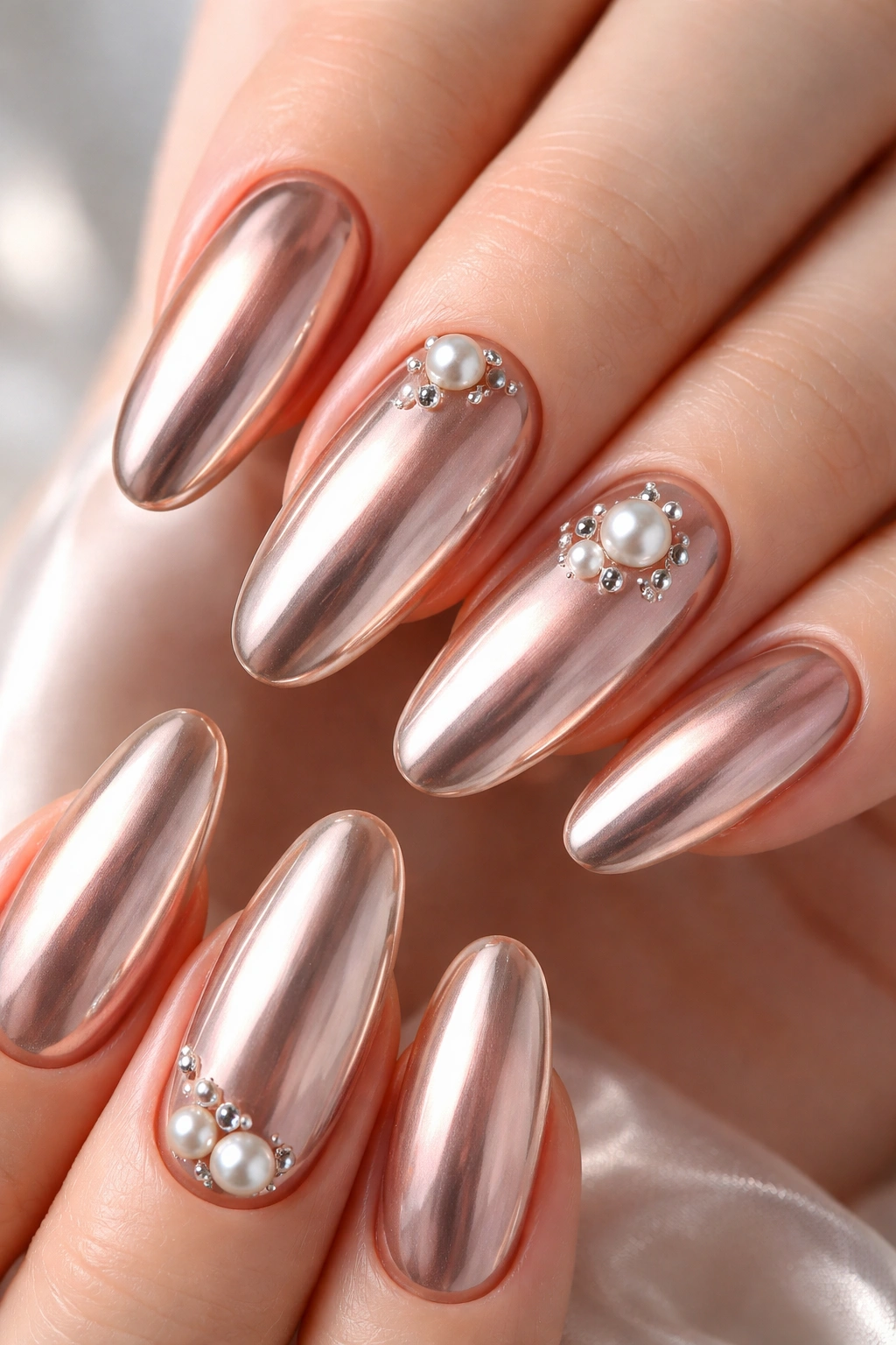 Close-up of long round acrylic nails in soft chrome with pearl accents