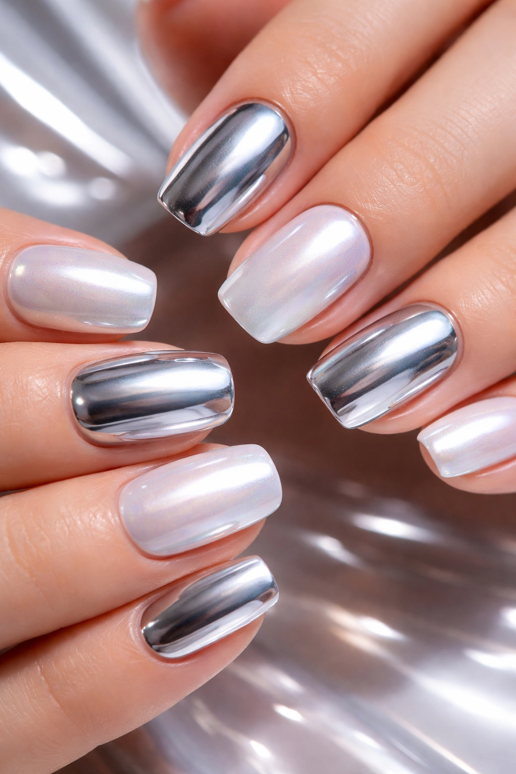 Close-up of nails showing chrome and pearl finishes on alternating nails.