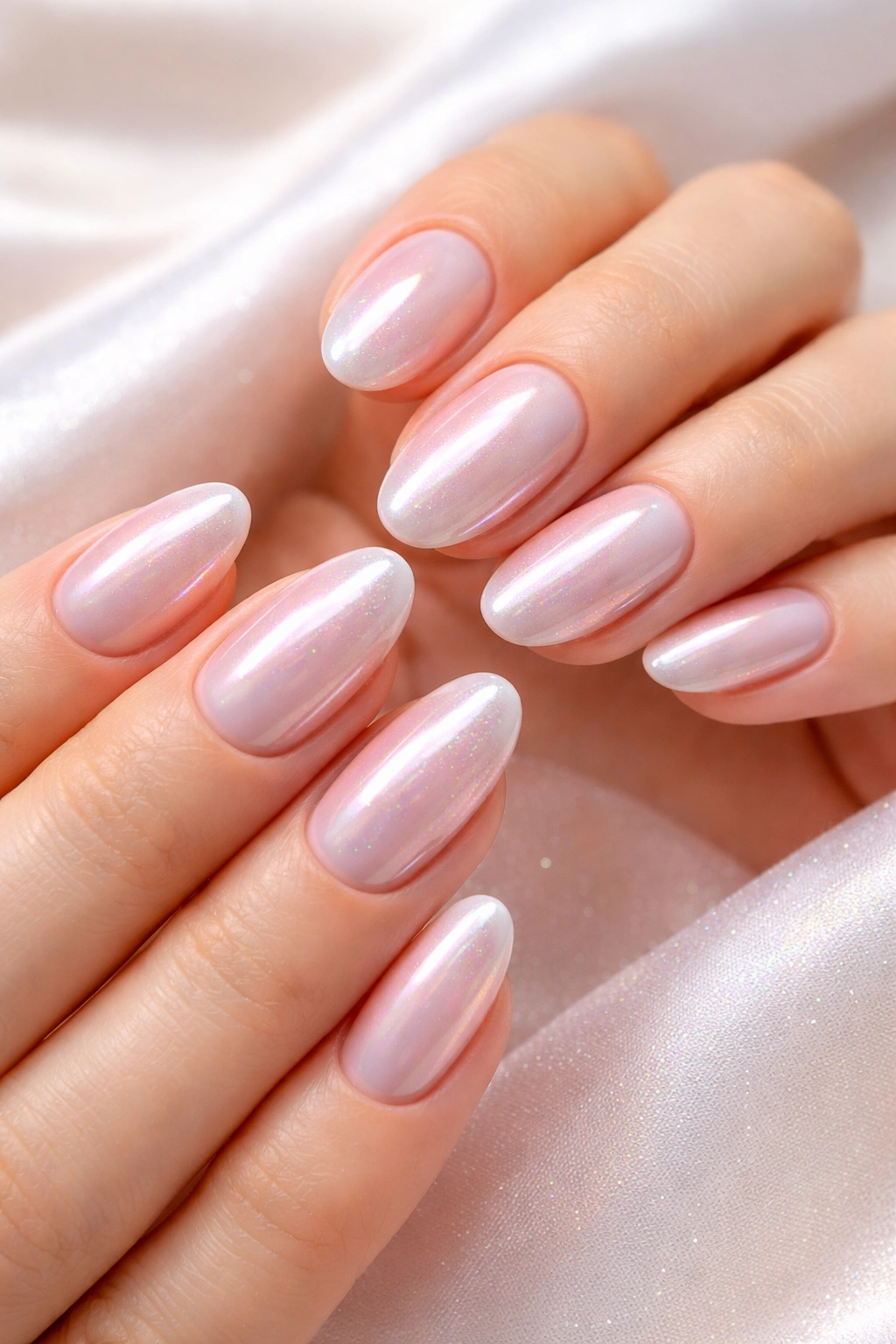 Nails with pearlescent chrome glaze on neutral base