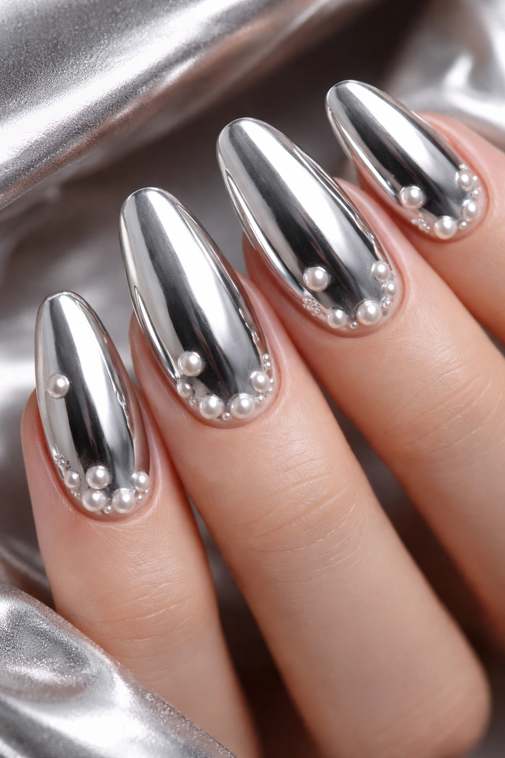 Close-up of nails with silver chrome and pearl embellishments
