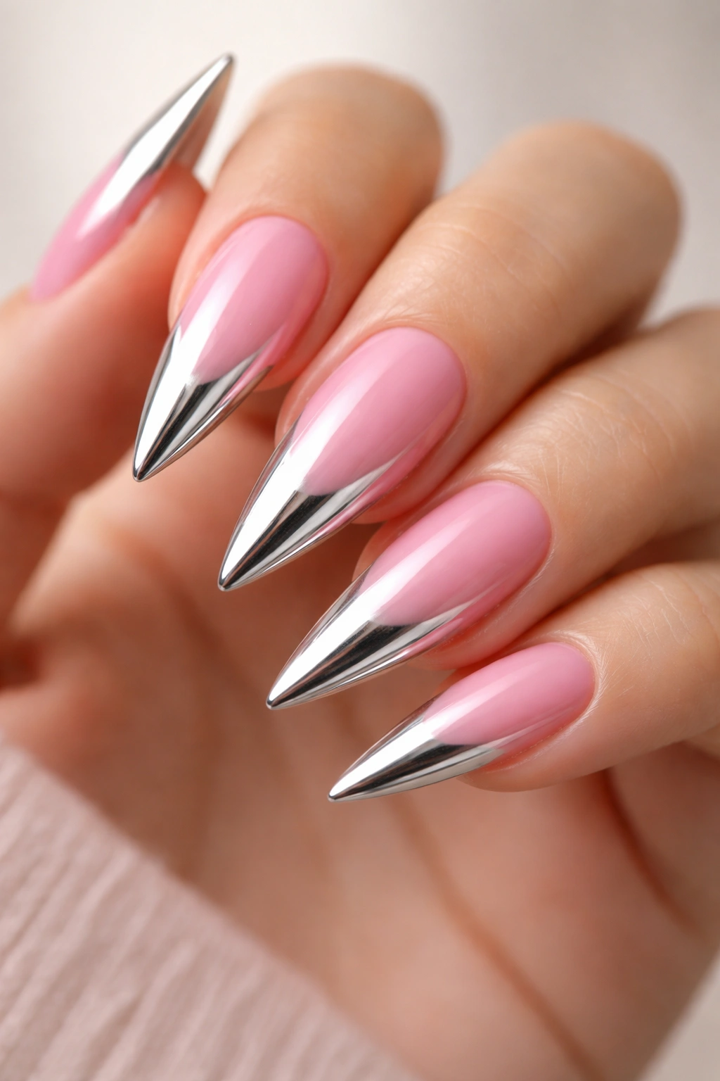 Close-up of silver chrome tips on pink gradient stilettos