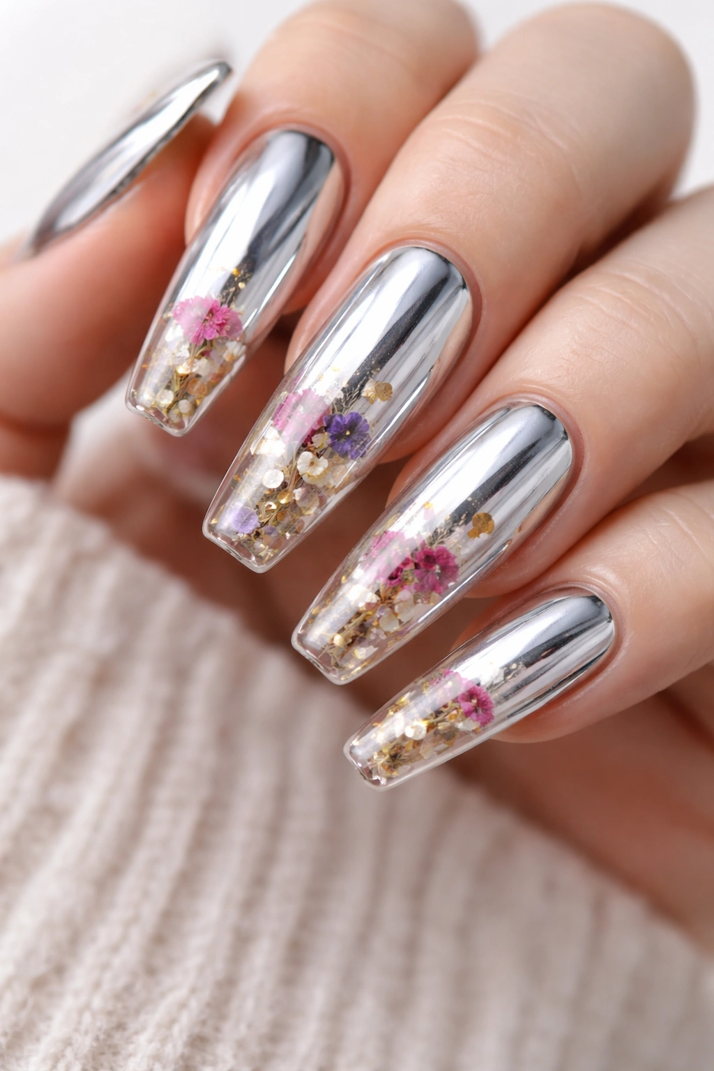 Macro close-up of coffin nails with chrome base and pressed flowers under a glossy chrome top layer