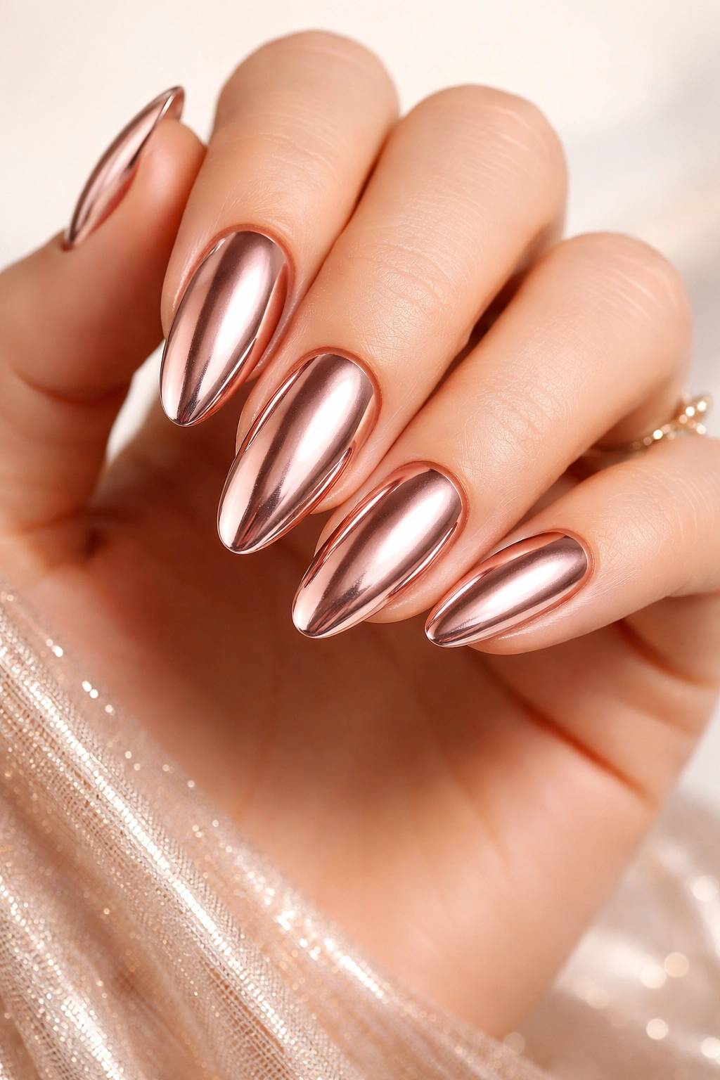 Close-up of chrome metallic nails on a hand with rose gold finish