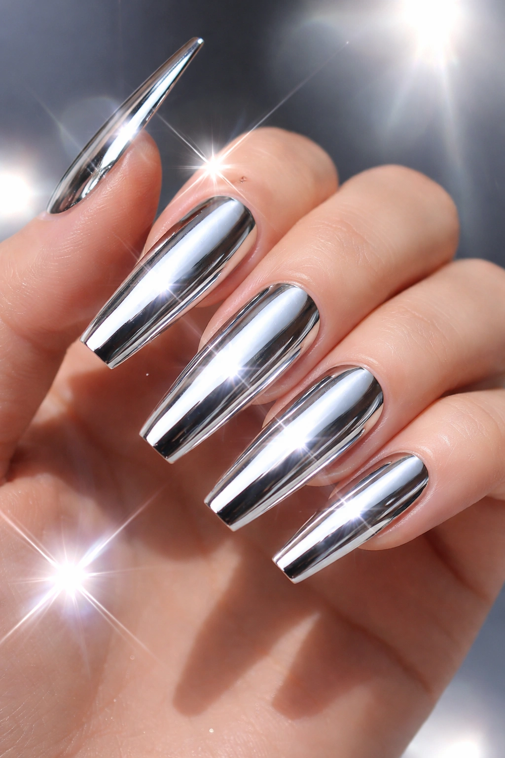 Close-up of long chrome nails reflecting light in studio