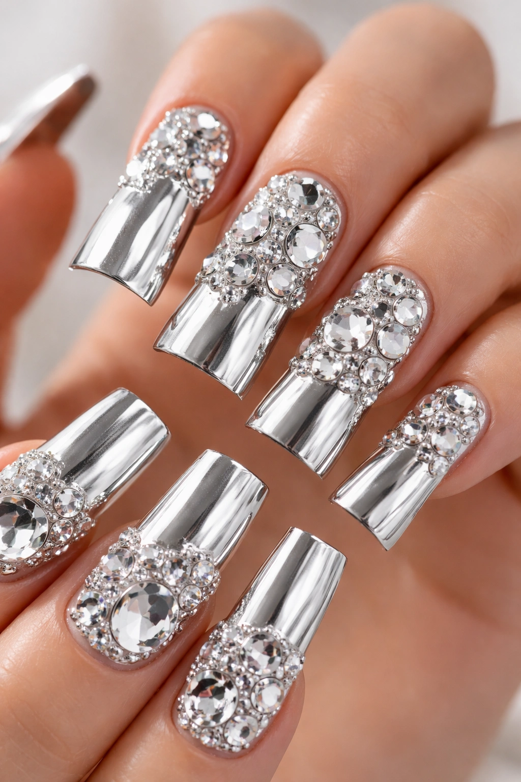 Close-up of chrome silver duck nail with chunky rhinestones