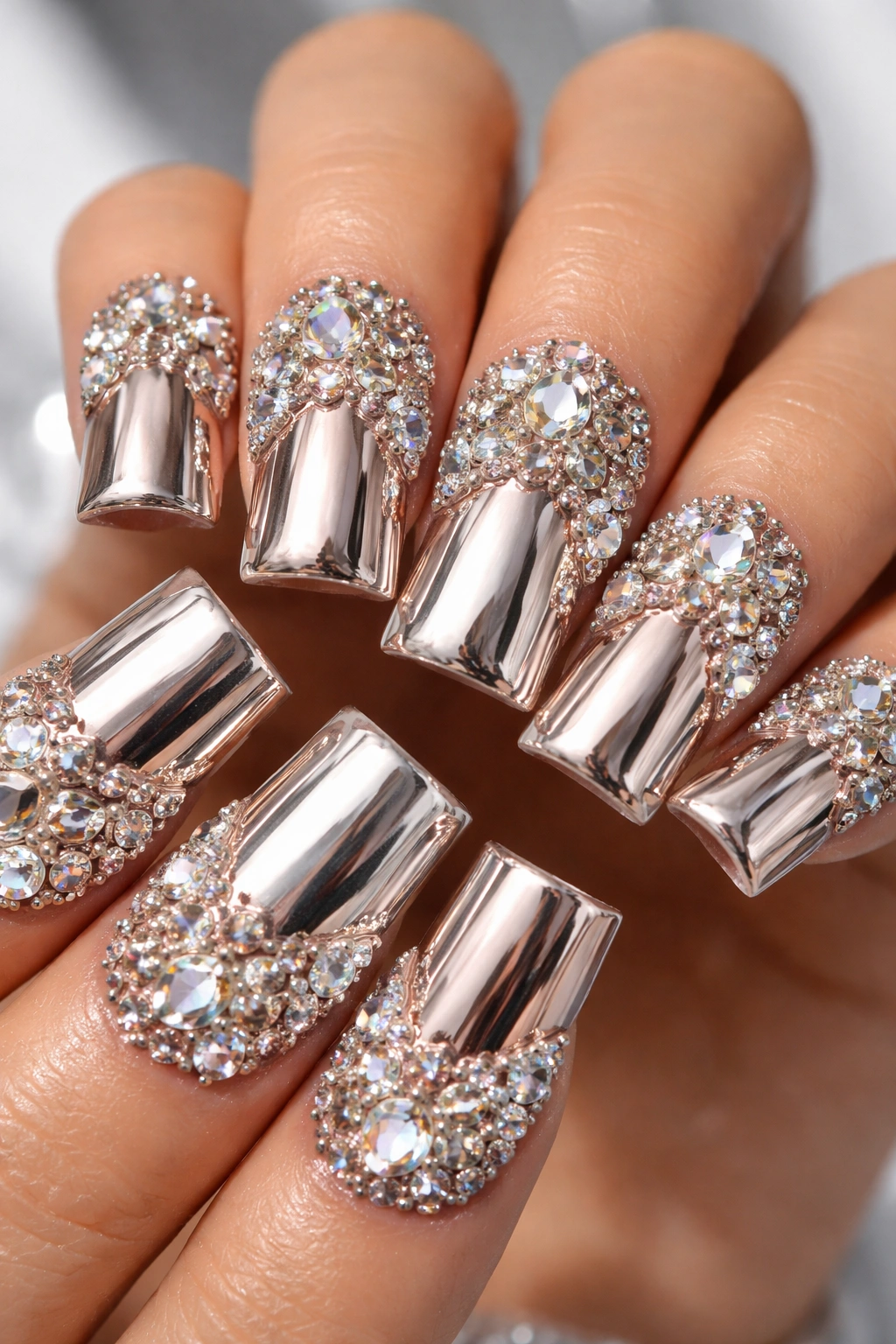 Close-up of chrome nail art with rhinestones and geometric gem patterns
