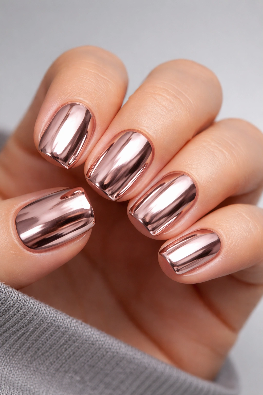 Short acrylic nails with rose gold chrome finish