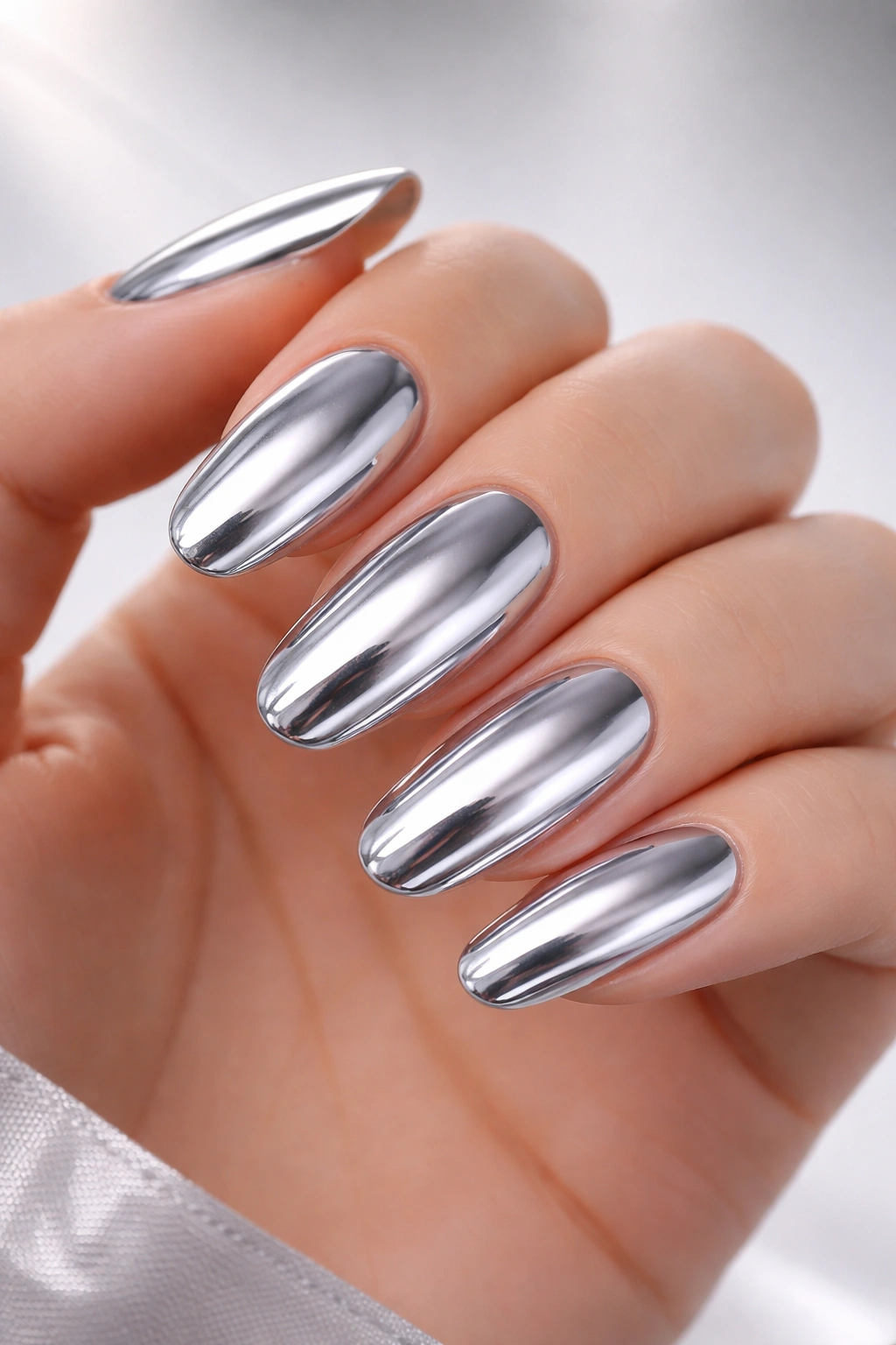 Long round nails with chrome mirror finish and metallic depth