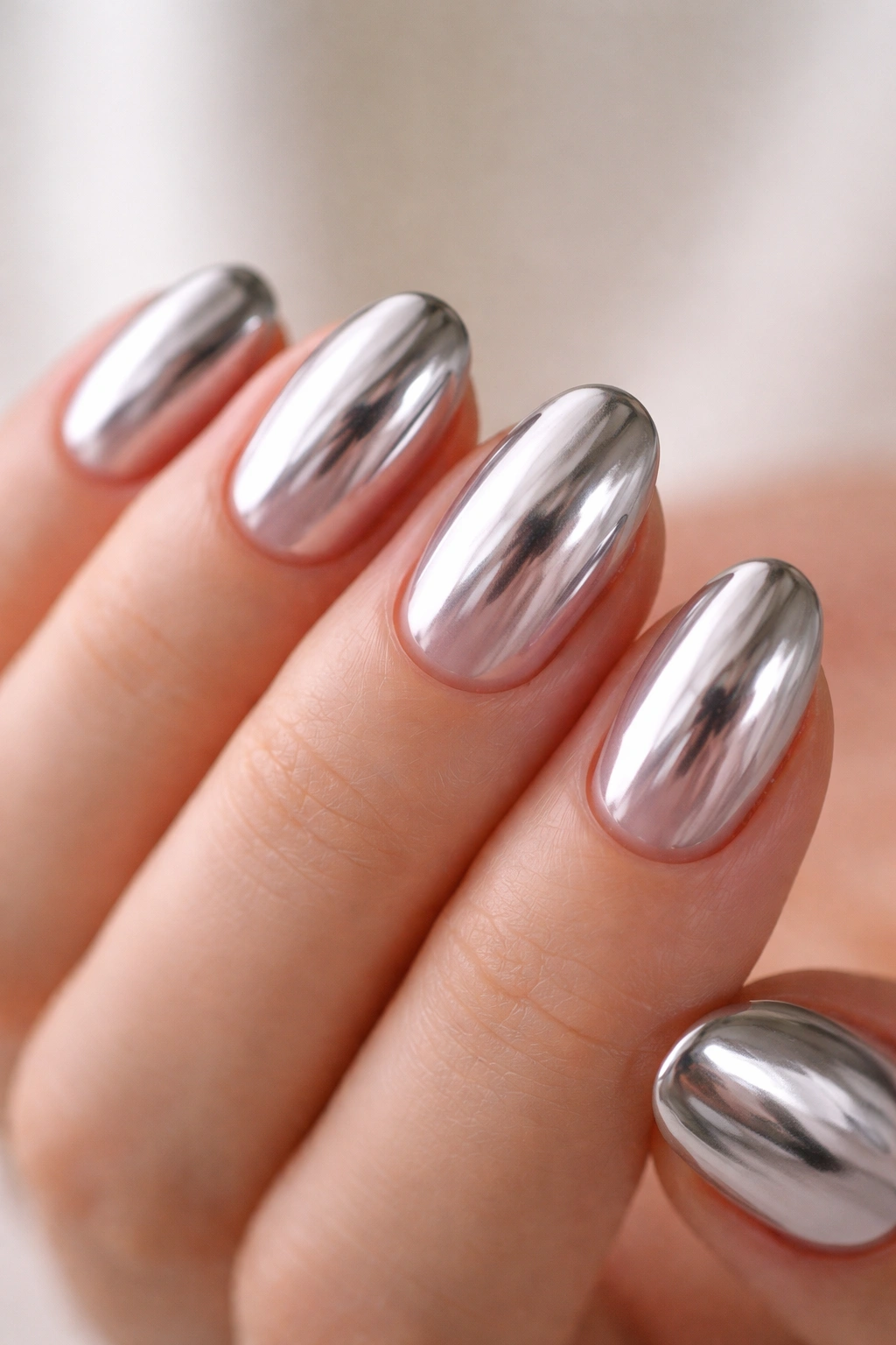Close-up of short oval nails with mirror silver chrome on sheer pink base, glossy reflective finish