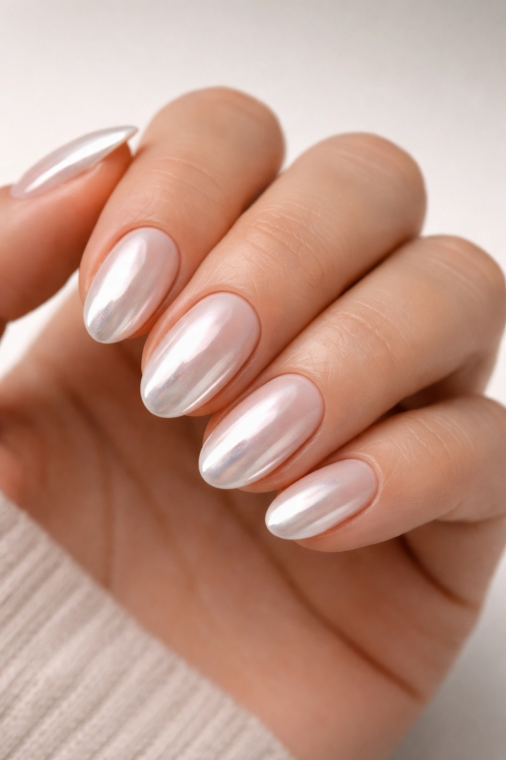 Close-up of chrome-glazed short almond nails on pale pink base.
