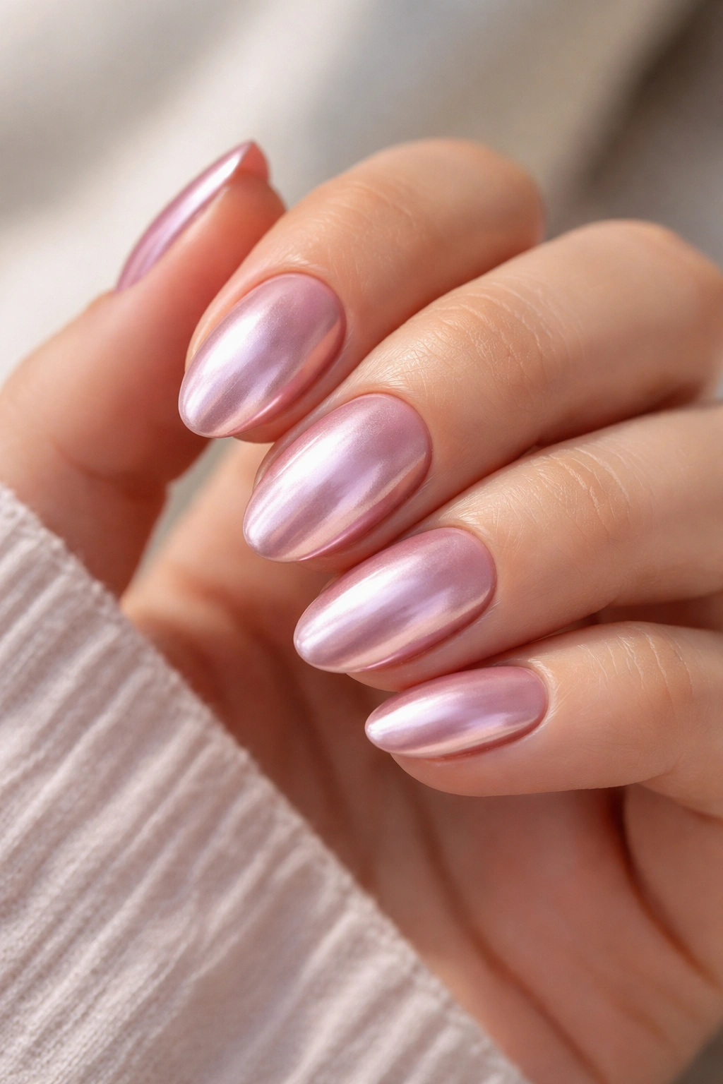 Close-up of chrome pink short almond nails with a rose finish on a neutral background