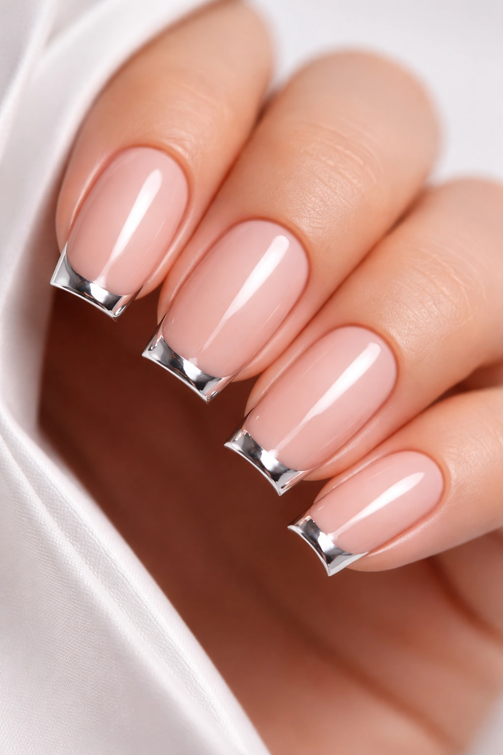 Close-up of soft square nails with a chrome accent along the tip on a neutral background