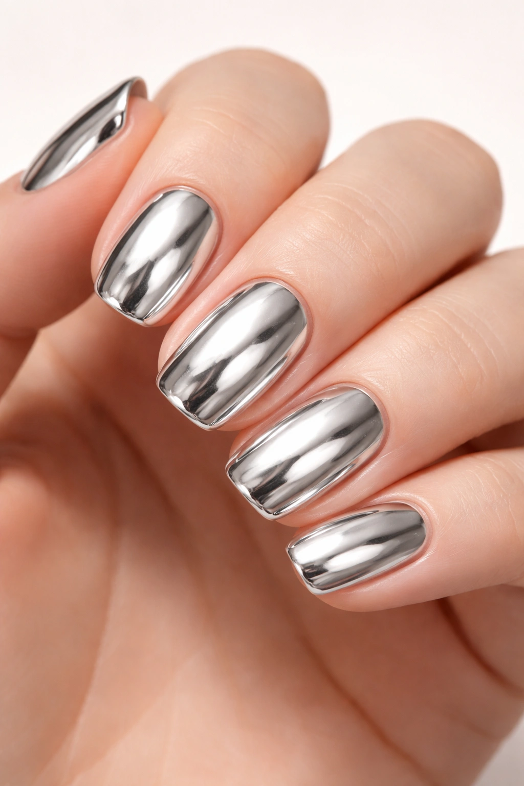 Close-up of short squoval nails with chrome mirror finish reflecting light