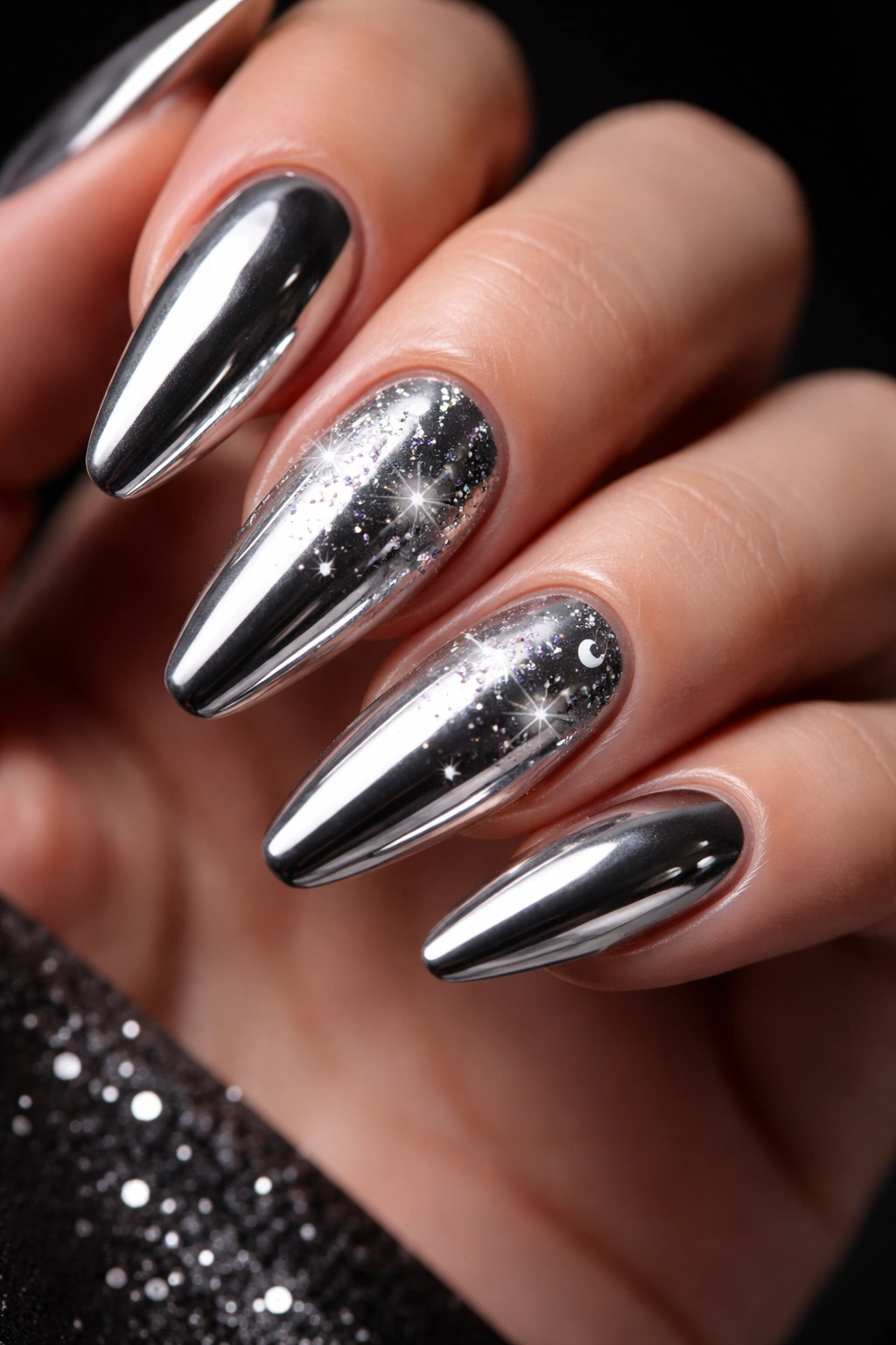 Close-up of chrome nails with star shapes on accent nails against dark background