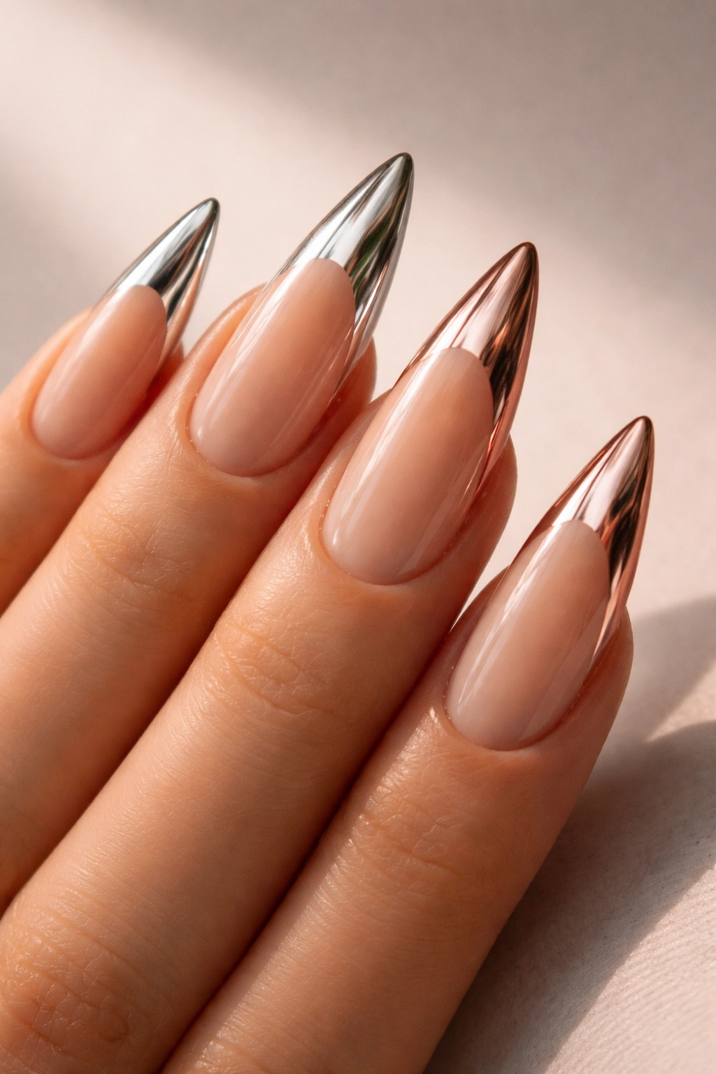 Close-up of stiletto nails with nude base and chrome mirror tips