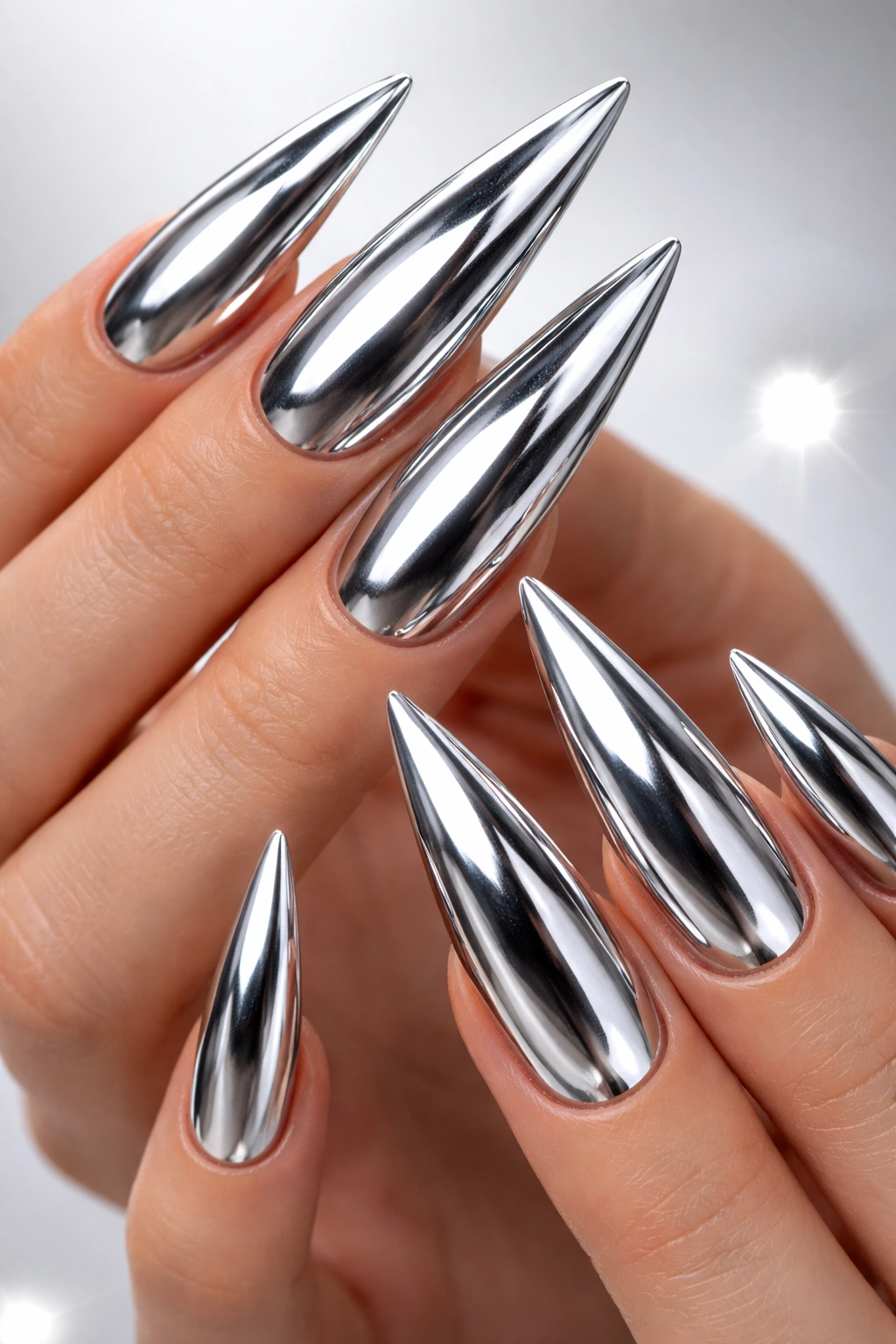 Close-up of chrome mirror-finish stiletto nails reflecting studio light