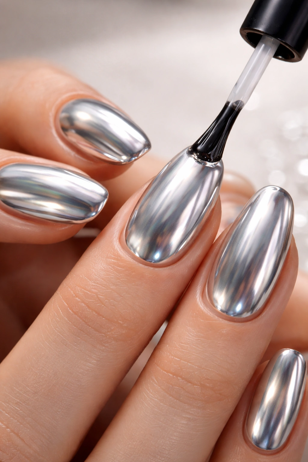 Close-up of chrome nails with glossy top coat being applied