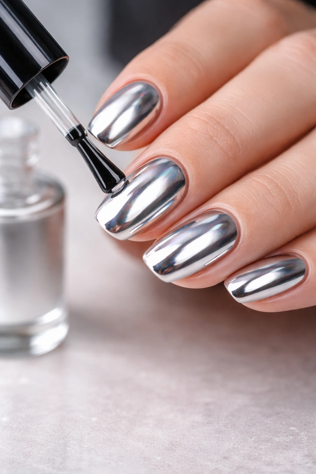 Applying clear top coat to chrome nails to extend wear