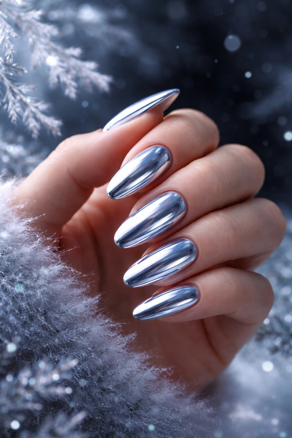 Close-up of silver chrome nails reflecting winter light