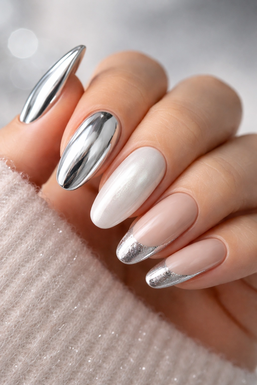 Close-up of a hand with three chrome nail finishes (silver, milky white, nude with chrome tips) highlighting mirror-like reflections.