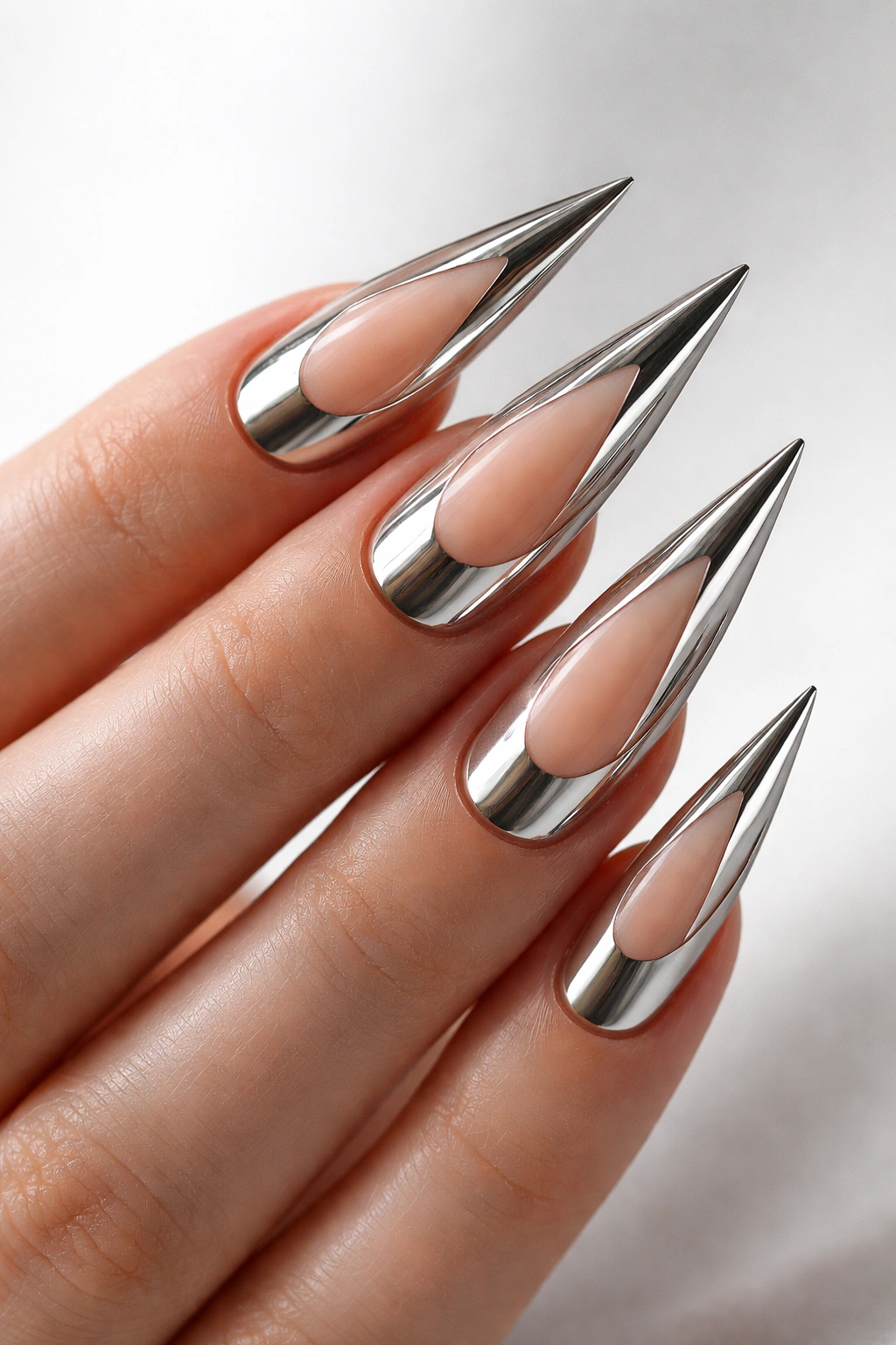 Close-up of stiletto nails with chrome and bold negative space bare nail design