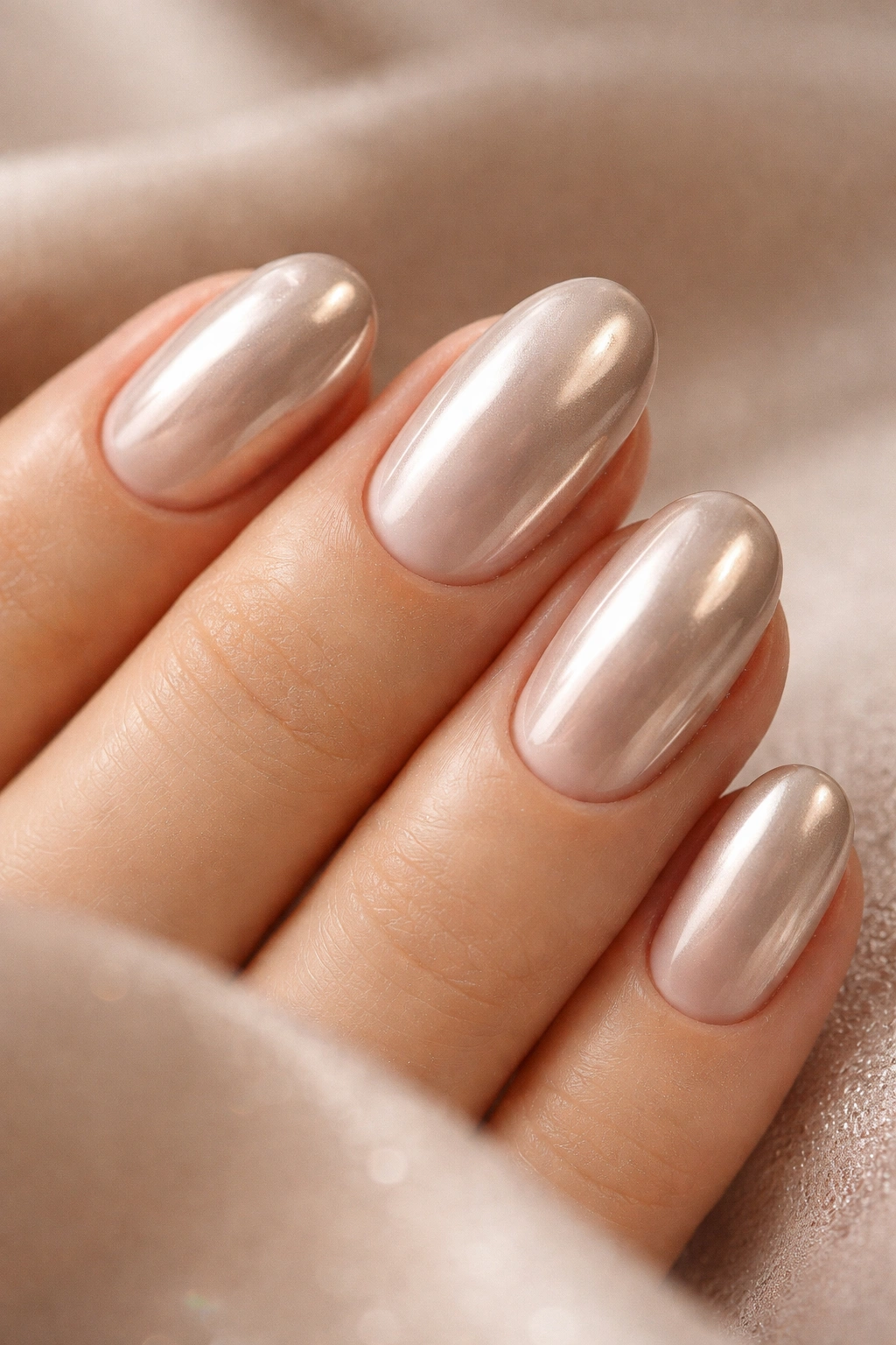 Close-up of short oval nails with champagne chrome finish