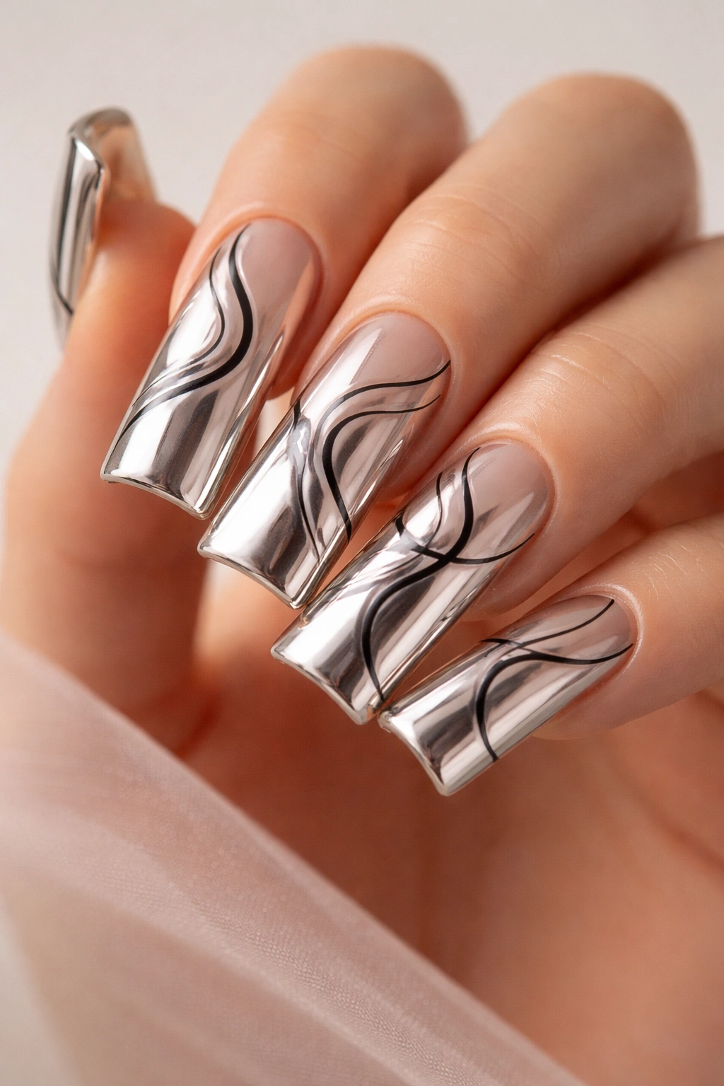 Close-up of chrome nails with nude undertones and abstract line art