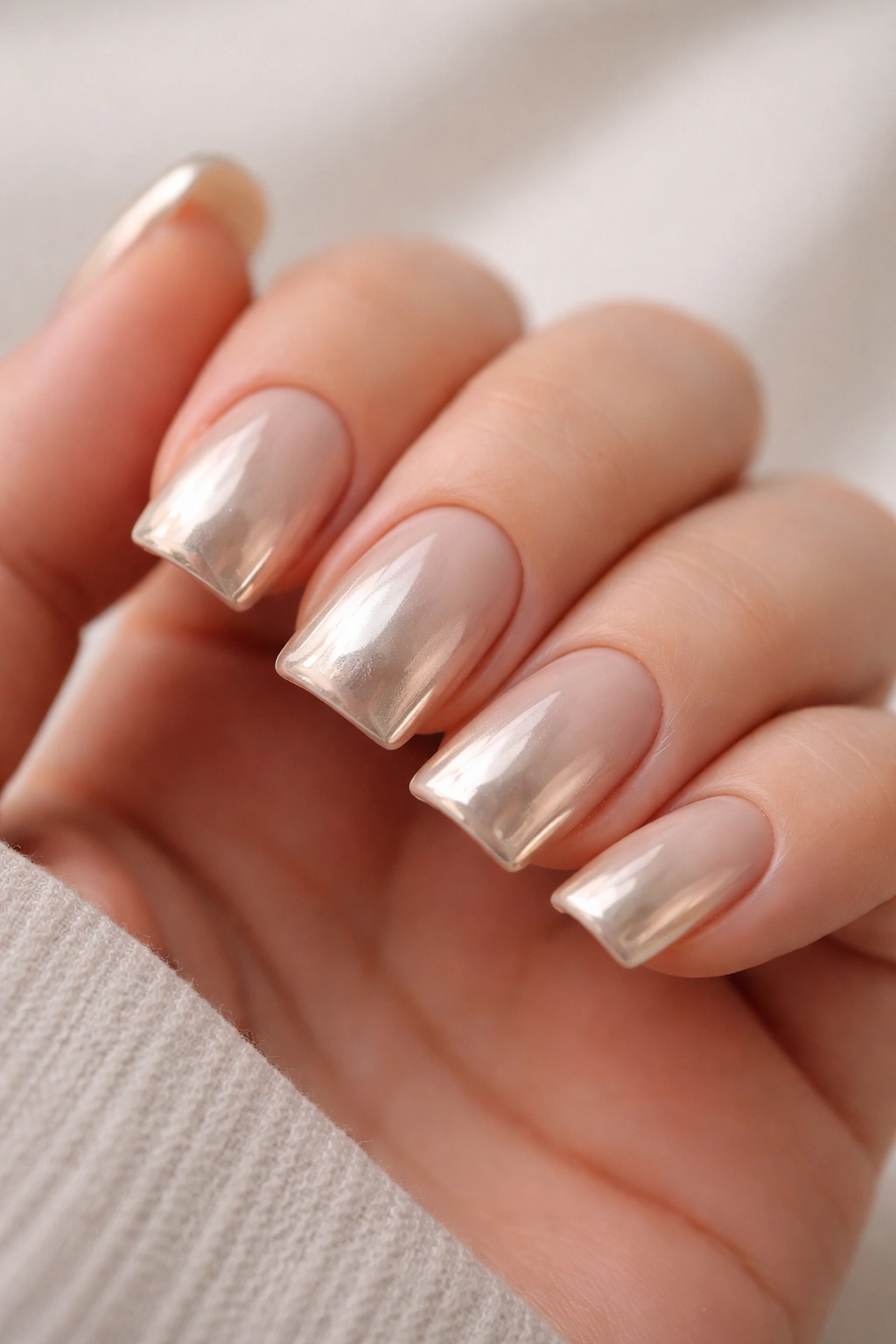 Close-up of short duck nails with chrome base and sheer nude overlay on a hand