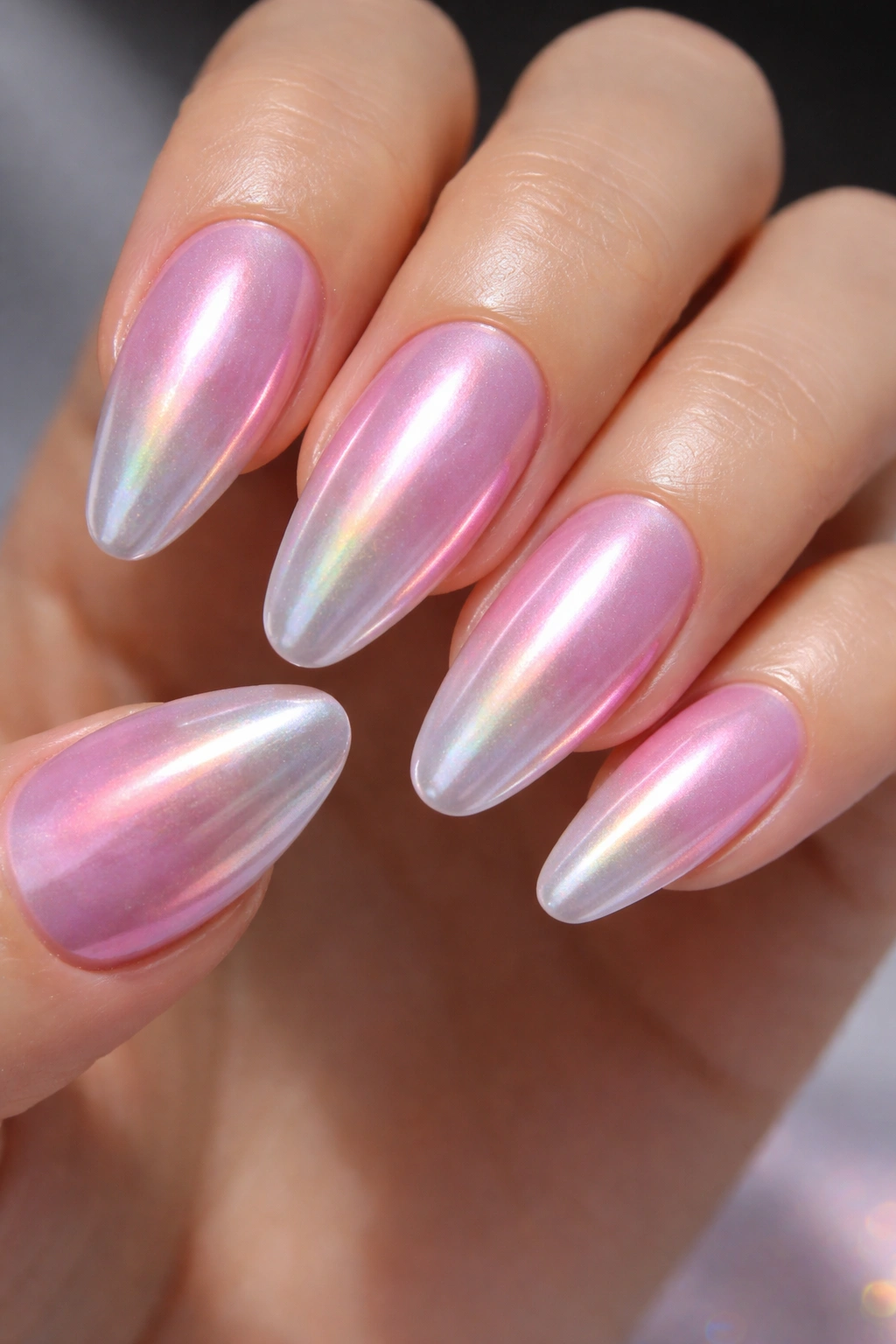 Close-up of chrome ombre nails with pink holographic sheen