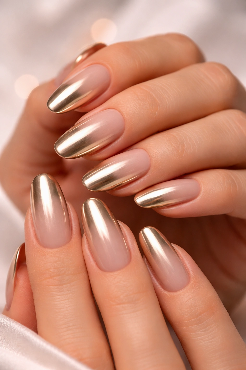 Close-up of beige-to-gold chrome ombre nails with smooth gradient