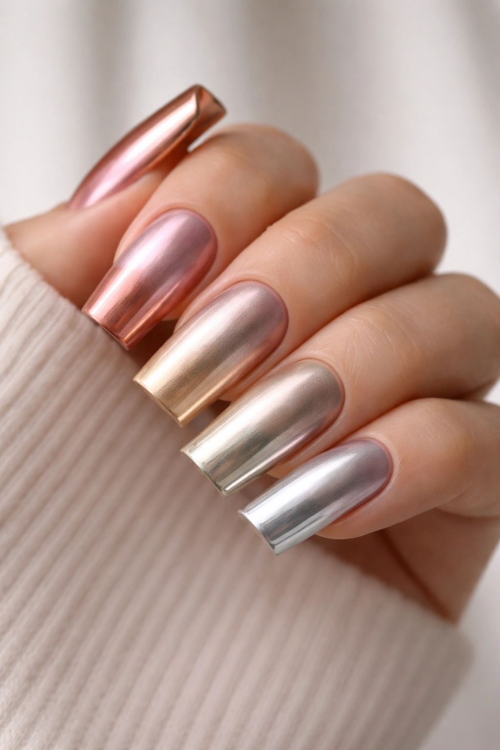 Close-up of hand with chrome ombre nails transitioning from copper to silver