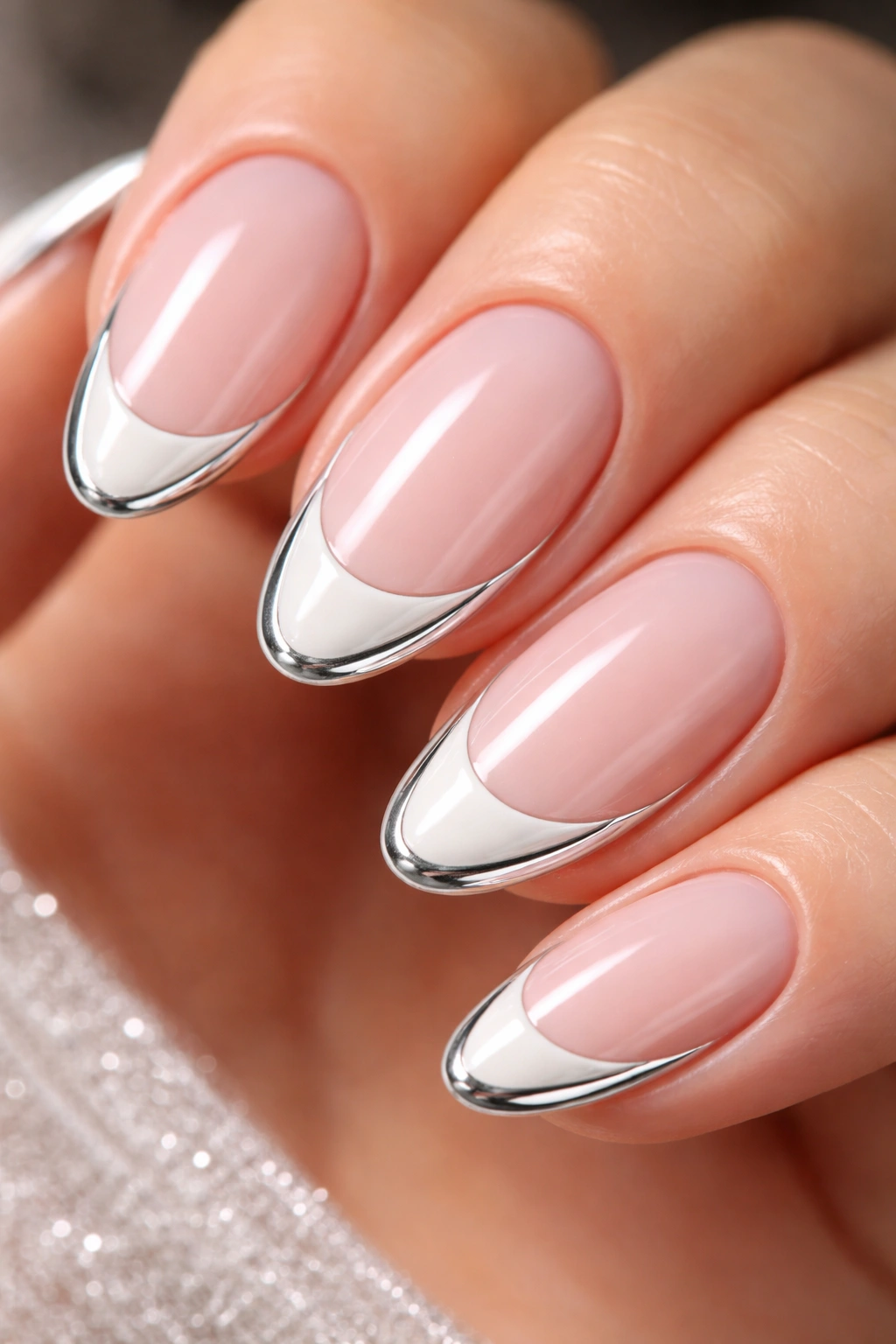Close-up of short almond nails with a chrome outline around the white tip