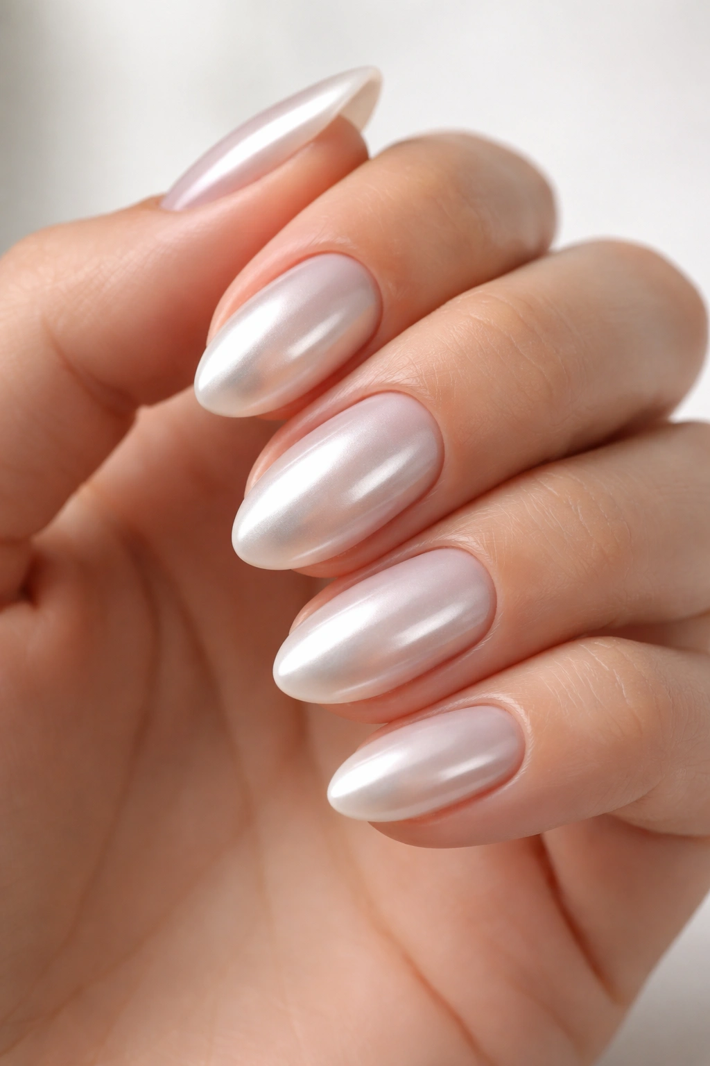 Close-up of short almond nails with chrome pearl finish