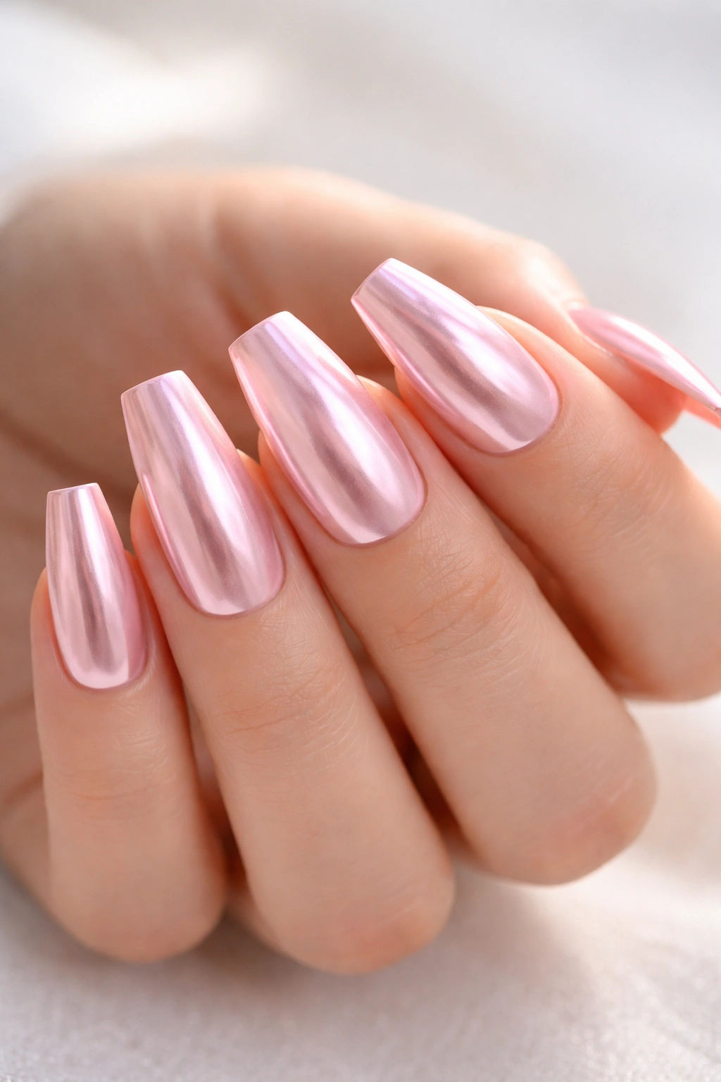 Coffin nails with chrome-pink metallic finish on a hand