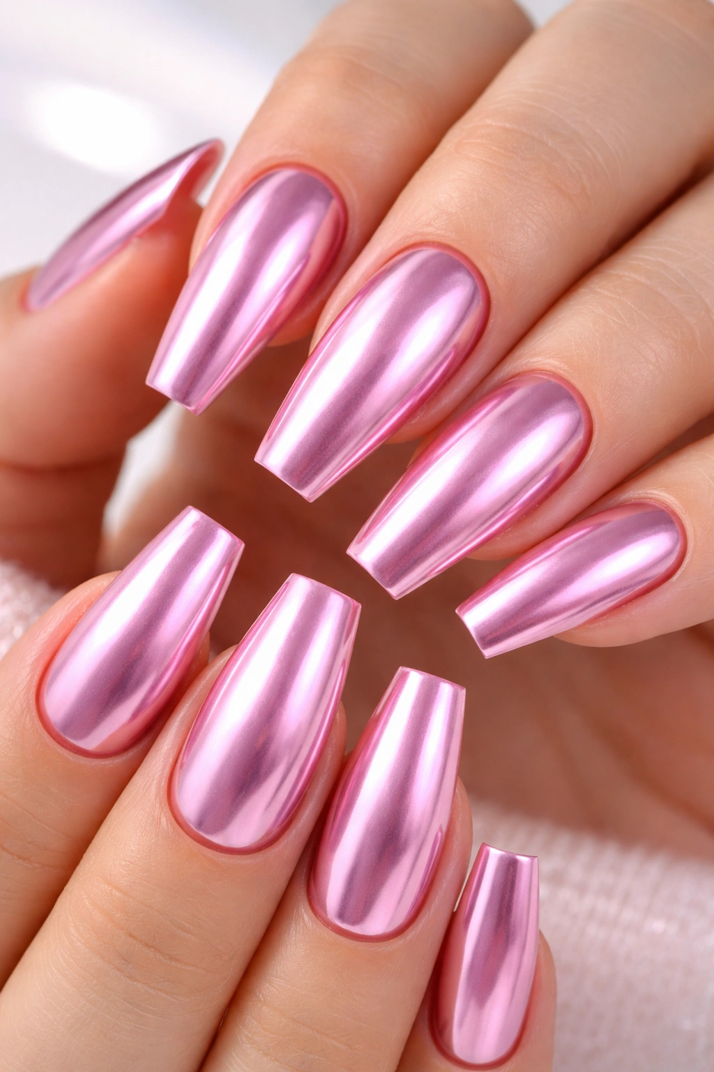 Close-up of coffin-shaped chrome pink nails with mirror finish