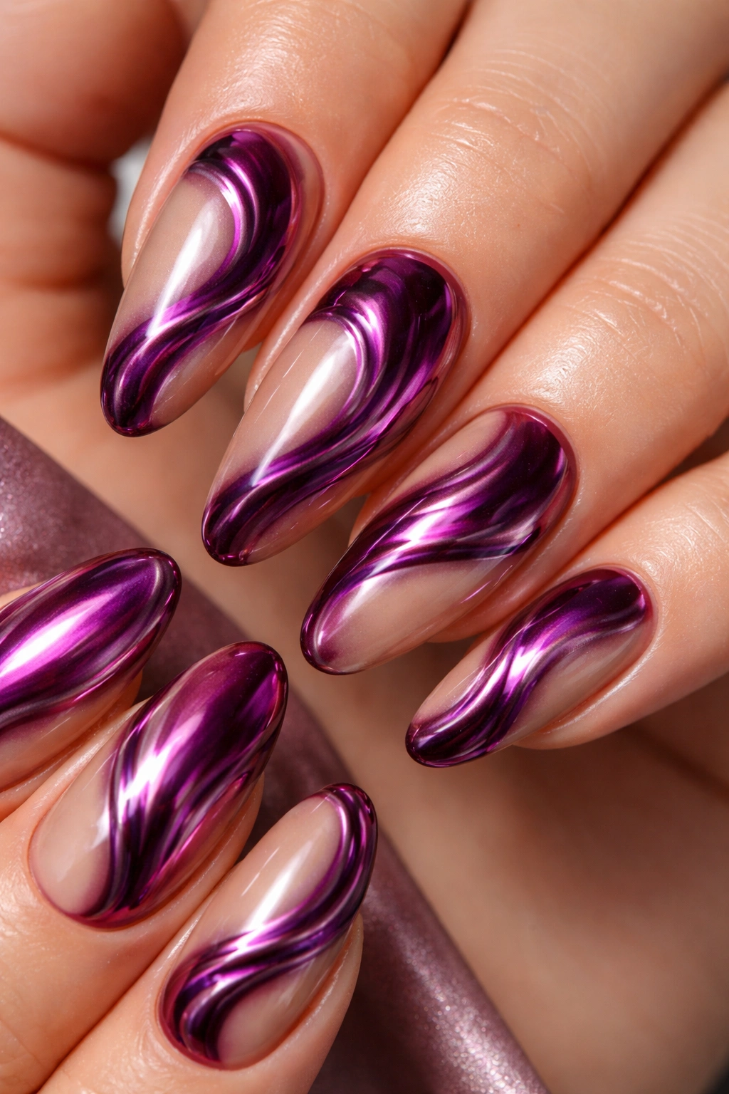 Chrome Plum Swirls nails with abstract plum swirl design