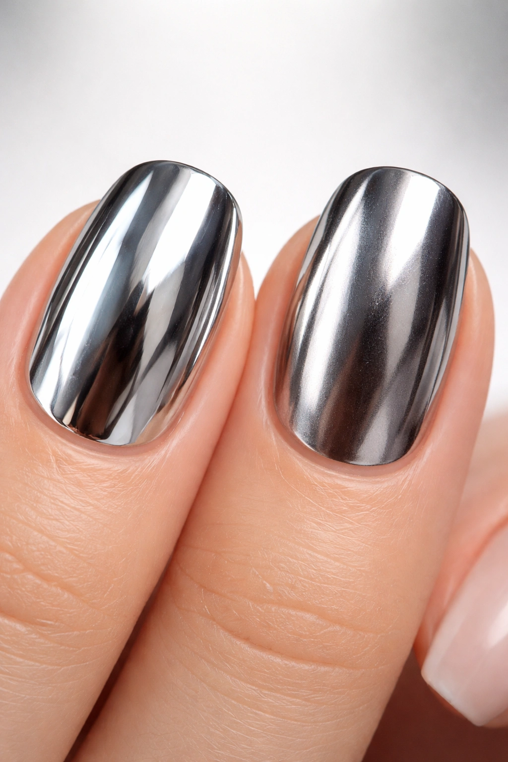 Hand showing chrome powder finish and chrome polish finish nails